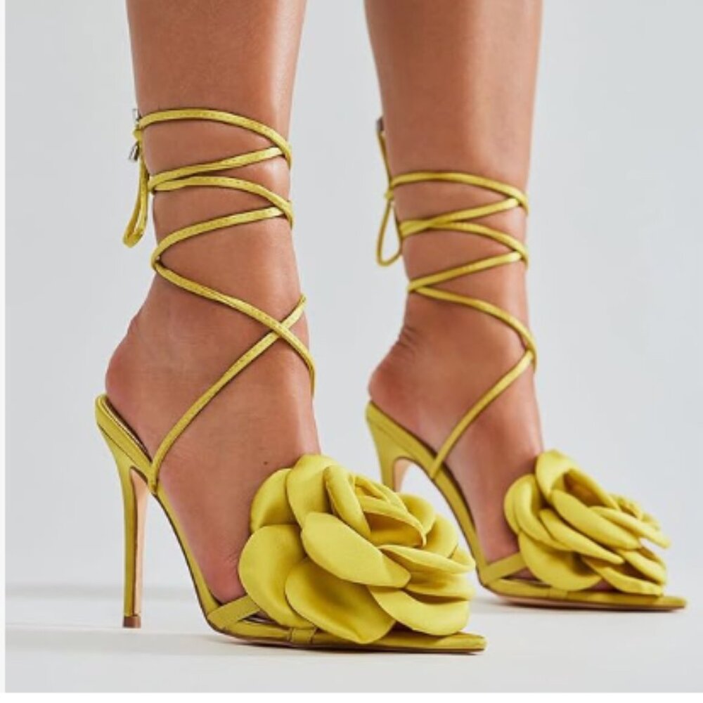 Yellow Open Toe Flower Decor Sandals Tie up Ankle Strap Stiletto High Heels Shoe